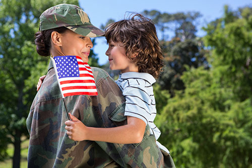 Military Mom and Child with American Flag