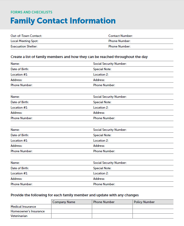 Family Contact Information Worksheet